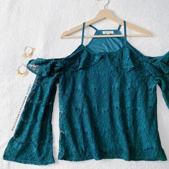 Dark Teal Cold Shoulder Lace Top - Picture 3 of 11